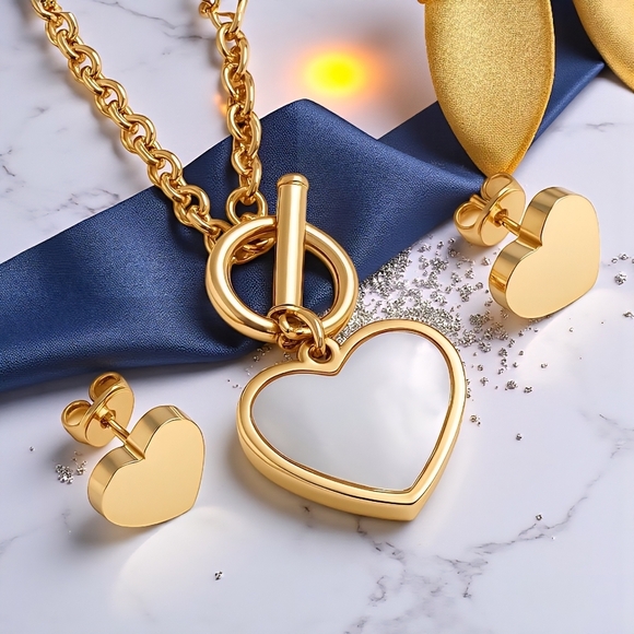 18K Gold Plated Heart Jewelry Set 💖Dainty Earrings & Necklace w/ Shell Inlay - Picture 9 of 11